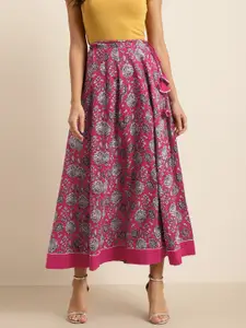 Shae by SASSAFRAS Women Pink & White Pure Cotton Printed Flared Maxi Skirt