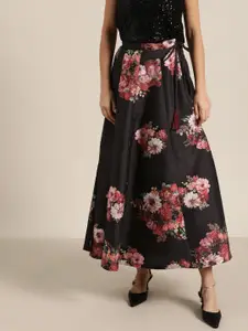 Shae by SASSAFRAS Black & Pink Floral Print Maxi Flared Skirt