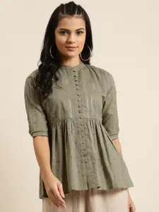 Shae by SASSAFRAS Women Olive Green Pure Cotton Dobby Woven Design A-Line Top