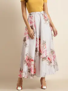 Shae by SASSAFRAS Grey & Pink Floral Print Flared Maxi Skirt