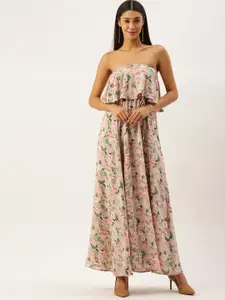 Berrylush Women Pink & Green Floral Printed Off-Shoulder Maxi Dress