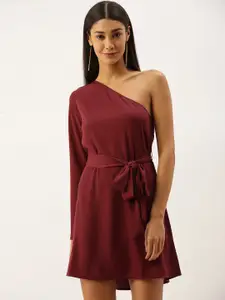 Berrylush Women Maroon Solid One Shoulder A-Line Dress