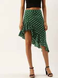 Berrylush Women Green & White Polka Print Asymmetric Hem Midi Skirt