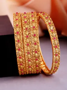 Rubans Set of 4 24K Gold-Plated Magenta Pink Stone-Studded Handcrafted Bangles