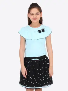 CUTECUMBER Girls Turquoise Blue & Black Solid Top with Skirt