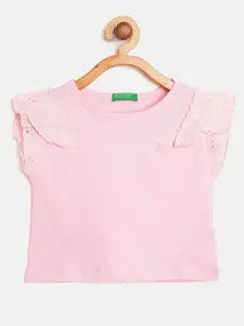 United Colors of Benetton Pink Solid Flutter Sleeves Pure Cotton Regular Top