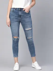 Mast & Harbour Women Blue Skinny High-Rise Distressed Light Fade Crop Stretchable Jeans