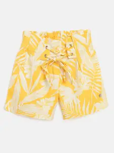 Gini and Jony Infant Girls Yellow & White Tropical Printed Regular Fit Shorts