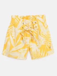 Gini and Jony Girls Yellow & White Tropical Printed Regular Fit Shorts