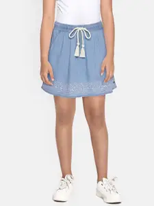 Gini and Jony Girls Blue & White Floral Embroidered Chambray A-Line Skirt
