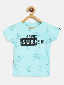 Gini and Jony Infant Boys Blue  Black Graphic Print Round Neck Pure Cotton T-shirt