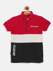 Gini and Jony Boys Red  Off-White Colourblocked Pure Cotton Polo Collar Pure Cotton T-shirt