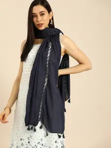 Anouk Women Navy Blue Embellished Tasseled Scarf