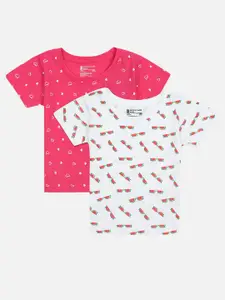Bodycare Kids Girls Fuchsia & White Set of 2 Printed Round Neck Antimicrobial T-shirt