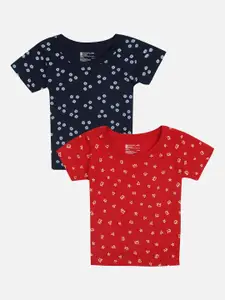 Bodycare Kids Girls Pack of 2 Red & Navy Blue Printed Round Neck Antimicrobial T-shirt