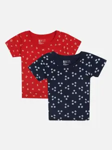Bodycare Kids Girls Red & Navy Blue Set of 2 Printed Round Neck Antimicrobial T-shirt