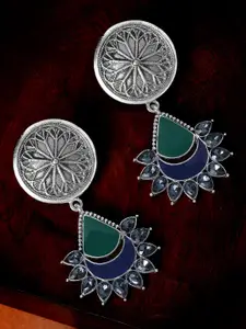 Rubans Silver-Plated & Green Geometric Drop Earrings