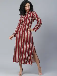 plusS Classy Maroon and Off-White Striped Shirt Dress
