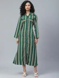 plusS Attractive Green and White Striped Midi Shirt Dress