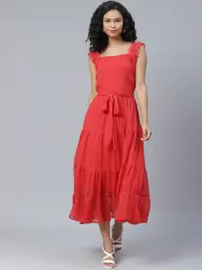 plusS Resolute Red Solid Tiered A-Line Midi Dress