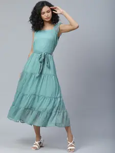 plusS Serene Green Solid Tiered A-Line Midi Dress