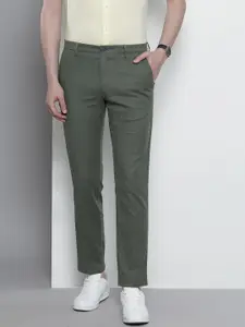 Tommy Hilfiger Men Olive Green Slim Fit Self Design STRUCTURED FLEX Formal Trousers
