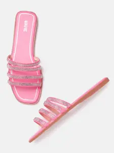 Lavie Women Pink & Silver-Toned Embellished Open Toe Flats