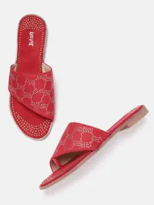 Lavie Women Red & Silver-Toned Embellished Open Toe Flats