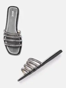 Lavie Women Black & Silver-Toned Embellished Open Toe Flats