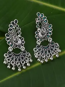 FIROZA Silver-Toned & Green Oxidised Peacock Shaped Drop Earrings