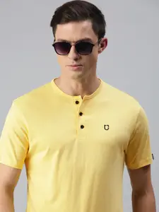 Urbano Fashion Men Yellow Henley Neck Pure Cotton Slim Fit Pure Cotton T-shirt