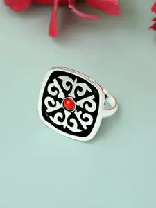 Rubans Oxidized Silver-Plated Stone-Studded & Enamelled Handcrafted Adjustable Finger Ring