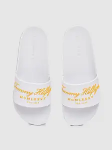Tommy Hilfiger Men White & Mustard Yellow Brand Logo Rubber Print Sliders