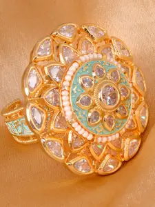 Saraf RS Jewellery Gold-Plated Green & White AD-Studded Enamelled Handcrafted Adjustable Finger Ring