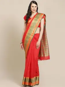 SHOPGARB Red & Green Silk Cotton Solid Banarasi Saree