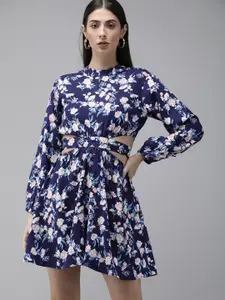 The Dry State Women Navy Blue Floral Printed Fit and Flare Dress With Cut-Out Detailing