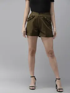 The Dry State Women Olive Solid Loose Fit Shorts