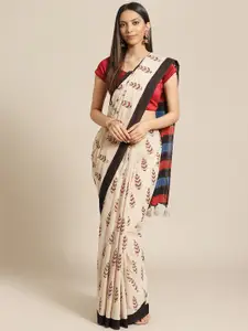 Geroo Jaipur Beige and Black Bagru Hand Block Printed Pure Cotton Sustainable Saree
