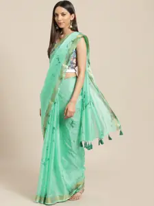 Geroo Jaipur Hand Dyed Green Kota Silk Saree with Hand Block Print Blouse