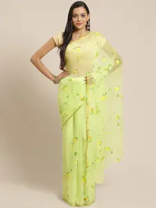 Geroo Jaipur Lime Green Hand Painted Floral Chiffon Saree