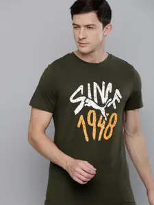 Puma Men Olive Green Typography Printed Slim Fit Pure Cotton T-shirt