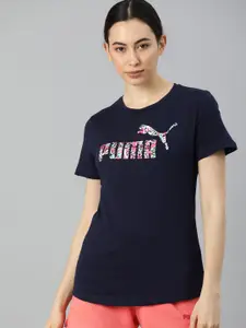 Puma Women Navy Blue no. 1 leopard Brand Logo Printed Regular fit Pure Cotton T-shirt