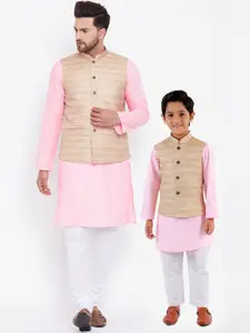 VASTRAMAY Men Pink & White Solid Kurta Set with Nehru Jacket