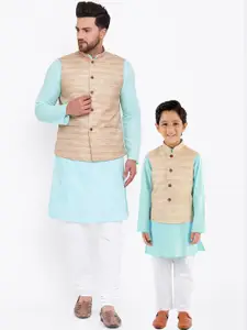 VASTRAMAY Men Blue & White Solid Kurta Set with Nehru Jacket