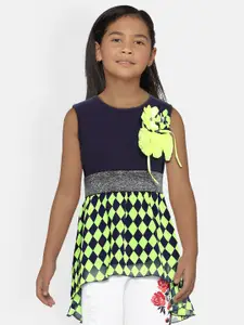 Actuel Navy Blue & Lime Yellow Geometric Printed Applique Pure Cotton Empire Longline Top