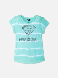 Kids Ville Girls Green Supergirl Printed Round Neck Cotton Pure Cotton T-shirt