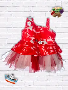 MeeMee Girls Red Printed Frilly Fit and Flare Party Dress