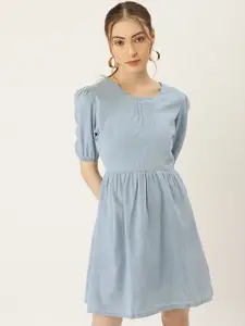 DressBerry Blue Pure Cotton Chambray Solid PintuckS Detail A-Line Dress
