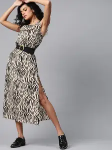 plusS Beige and Black Animal Printed High-Slit A-Line Dress