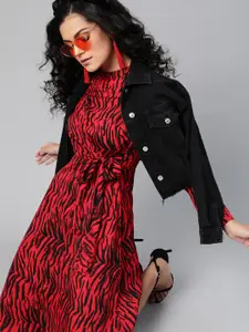 plusS Feisty Red and Black Animal Printed Tie-Up Detail A-Line Dress
